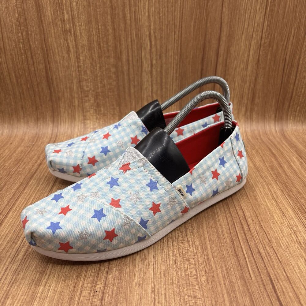 TOMS Blue & Red Gingham‎ Glow In The Dark Star Print Alpargata Shoes Size 9.5 - Picture 3 of 9
